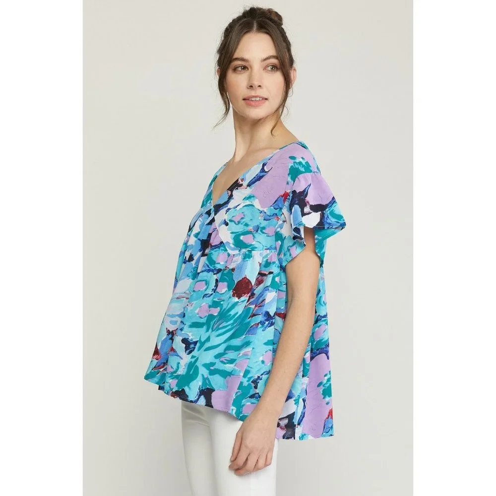 Entro Floral Ruffle Sleeve Top, Blue - Picture 4 of 7